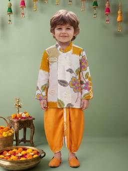 ETHNIKS NEURON - Boys Yellow Linen Mandarin Neck Kurta with Dhoti