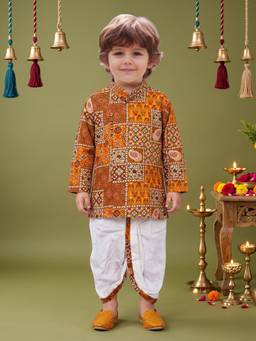 Little Desi - Boys Mustard Pure Cotton Mandarin Neck Kurta with Dhoti
