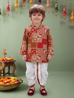 Little Desi - Boys Red Pure Cotton Mandarin Neck Kurta with Dhoti