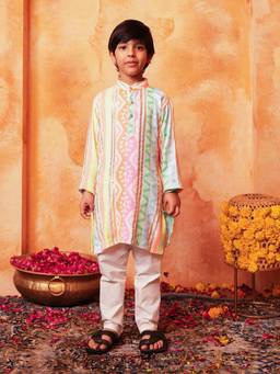 Lil Pitaara - Boys Multi-Colour Cotton Mandarin Neck Kurta with Pyjama