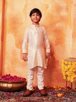 Lil Pitaara - Boys Cream Cotton Mandarin Neck Kurta with Pyjama