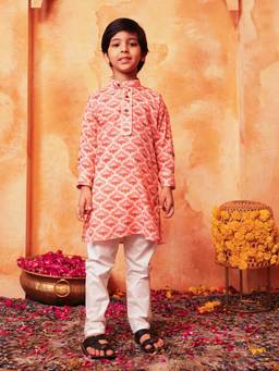 Lil Pitaara - Boys Pink Cotton Mandarin Neck Kurta with Pyjama