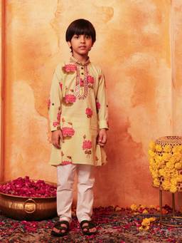 Lil Pitaara - Boys Green Cotton Mandarin Neck Kurta with Pyjama