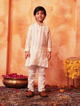 Lil Pitaara - Boys Cream Cotton Mandarin Neck Kurta with Pyjama