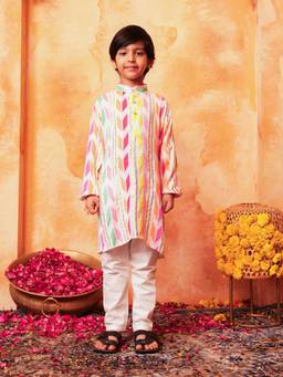 Lil Pitaara - Boys Multi-Colour Cotton Mandarin Neck Kurta with Pyjama