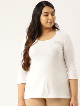 theRebelinme - Plus Size Womens White Solid Color Round Neck Cotton 3/4th Sleeve T-Shirt