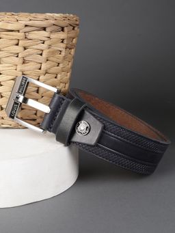 Louis Philippe - Men Navy Blue Textured Genuine Leather Casual Belt