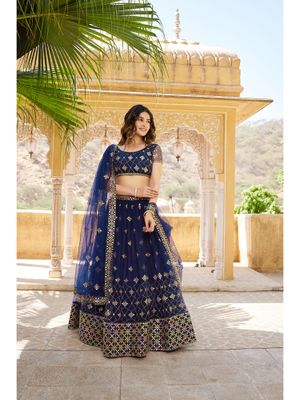 Pretty Navy Blue Sequins Embroidered Designer Lehenga Choli