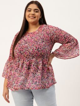 theRebelinme - Womens Pink andBlack Floral Print Smocked Georgette A-line Top
