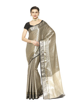 Banarasi Silk Works - Black & Silver Kanchi Silk Zari Jamawar Border Saree with Unstitched Blouse