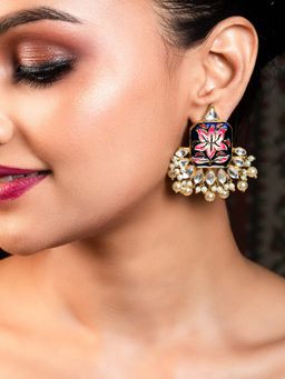 AG'S - Navy Blue Lotus Meenakari Work Kundan Earring