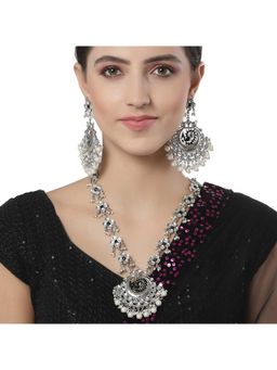 Karatcart - Oxidised Silver Black Peacock Shape Kundan Rani Haar Necklace Set for Women (Set of 2)