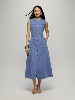 Twenty Dresses by Nykaa Fashion - Light Blue Denim Sleeveless Fit and Flare Midi Dress