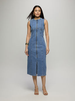 Twenty Dresses by Nykaa Fashion - Blue Denim Sleeveless Yoke Detail Midi Dress