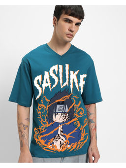 Bewakoof - Official Naruto Men's Titan Blue Sasuke Graphic Printed Oversized T-shirt