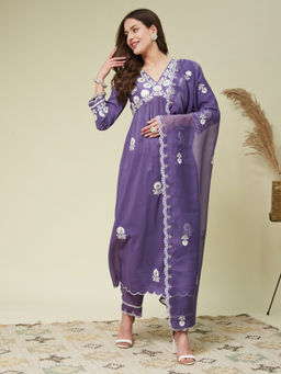 MOKOSH - Purple Silk Embroidered Wedding Anarkali Kurta Pant with Dupatta