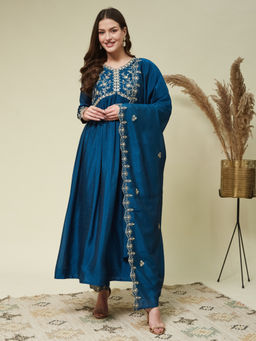 MOKOSH - Teal Blue Silk Embroidered Wedding Anarkali Kurta & Pant with Dupatta