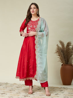 MOKOSH - Red Chinon Embroidered Festive Anarkali Kurta & Pant with Dupatta