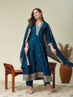 MOKOSH - Teal Blue Silk Embroidered Festive Anarkali Kurta & Pant with Dupatta