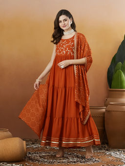 MOKOSH - Orange Georgette Embroidered Wedding Anarkali Kurta & Pant with Dupatta