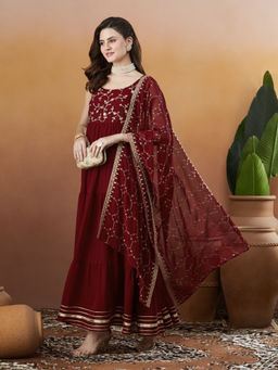 MOKOSH - Maroon Georgette Embroidered Wedding Anarkali Kurta & Pant with Dupatta