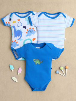 Bumzee - Blue & White Baby Boys Half Sleeves Cotton Bodysuit/Onesies (Pack of 3)