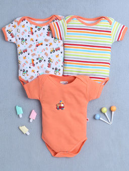 Bumzee - Orange & White Baby Boys Half Sleeves Cotton Bodysuit/Onesies (Pack of 3)