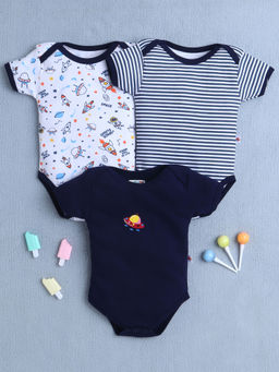 Bumzee - Navy & White Baby Boys Half Sleeves Cotton Bodysuit/Onesies (Pack of 3)