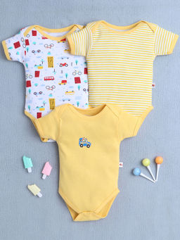 Bumzee - Yellow & White Baby Boys Half Sleeves Cotton Bodysuit/Onesies (Pack of 3)