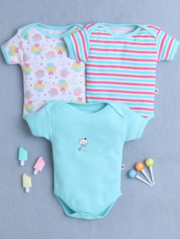 Bumzee - Mint Green & White Baby Girls Half Sleeves Cotton Bodysuit/Onesies (Pack of 3)