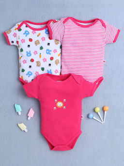 Bumzee - Pink & White Baby Girls Half Sleeves Cotton Bodysuit/Onesies (Pack of 3)