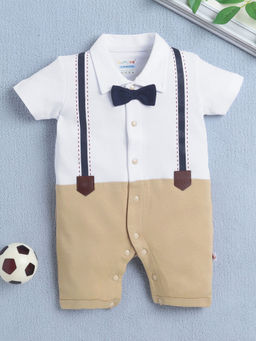 Bumzee - Beige & White Boys Half Sleeves Thigh Length Romper