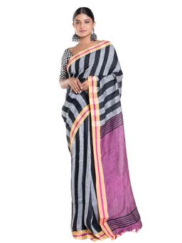 Boveee - Black And Grey Striped Handloom Linen Saree with Unstitched Blouse