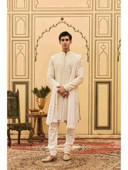 ITRH - Sheetal Chikankari Ivory Sherwani and Kurta With Churidar And Dupatta
