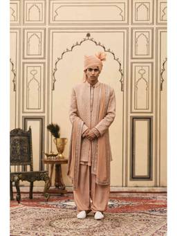 ITRH - Prawal Chikankari Peach Sherwani and Kurta With Salwar And Dupatta