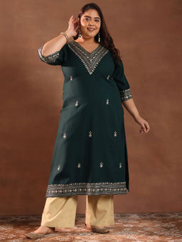Extra love by Libas - Woman Plus Size Green Floral Embroidered Straight Kurta