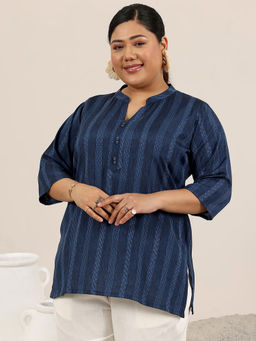 Extra love by Libas - Plus Size Women Navy Blue Woven Design Straight Kurti
