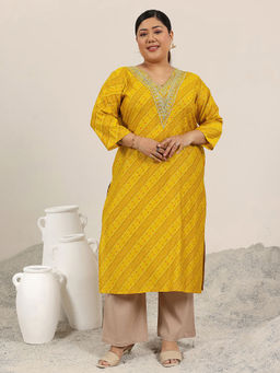 Extra love by Libas - Woman Plus Size Mustard Bandhani Printed Straight Kurta