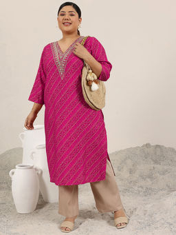 Extra love by Libas - Woman Plus Size Pink Bandhani Printed Straight Kurta