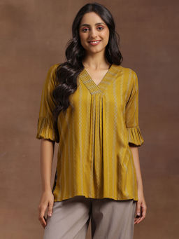 Libas - Mustard Ethnic Motifs Woven Pleated Straight Kurti