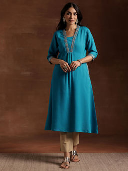 Libas - Blue Floral Embroidered Yoke A-Line Kurta