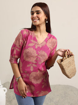 Libas - Pink Floral Printed Straight Kurti with Puff Sleeves