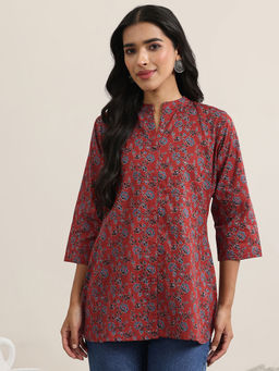 Libas - Maroon Floral Ajrak Printed Straight Kurti