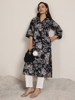 Libas - Black Floral Motif Printed Straight Kurta