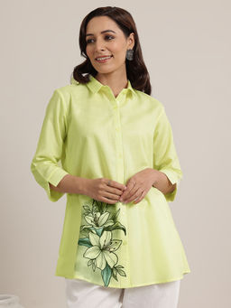 Libas - Lime Green Floral Printed Front Open Shirt Style Kurti