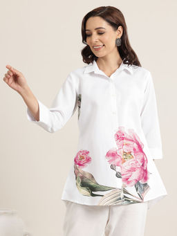 Libas - White Floral Printed Front Open Shirt Style Kurti