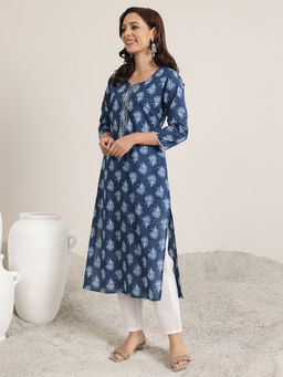 Libas - Blue Floral Printed Straight Kurta