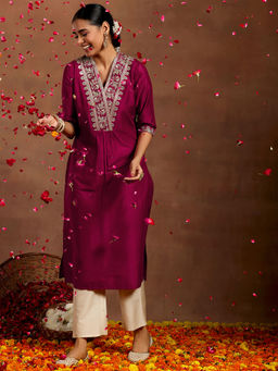 Libas - Maroon Silk Blend Yoke Design Straight Kurta
