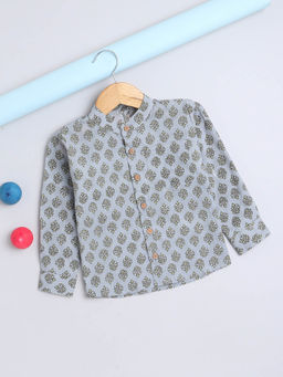 The Magic Wand - Grey Full Sleeves Floral Printed Chinese Collar Casual Shirt