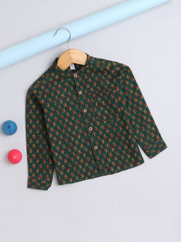 The Magic Wand - Green Full Sleeves Jaipuri Floral Printed Chinese Collared Shirt